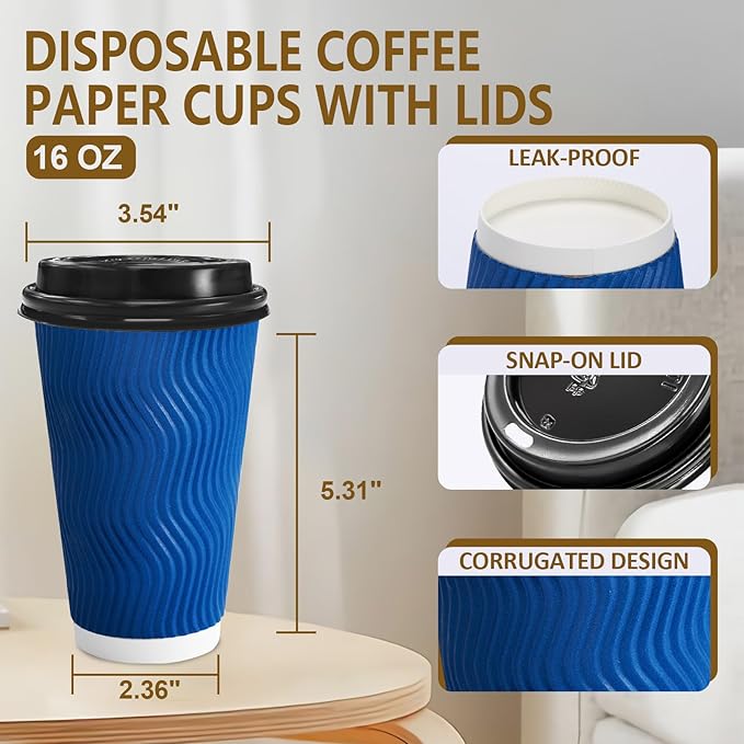 Clawsoff 100 Pack 16 oz Coffee Cups with Lids Disposable Insulated Cup Navy