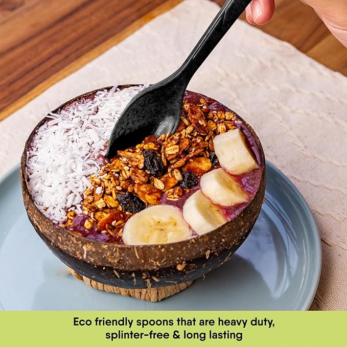 Premium Quality100% Biodegradable Black Spoons Made of Vegetable Fibers, 100 PCS of 6.7” Long Heavy-Duty and Splinter Free Eco-Friendly Spoons, Perfect Sustainable Cutlery for All Types of Occasions