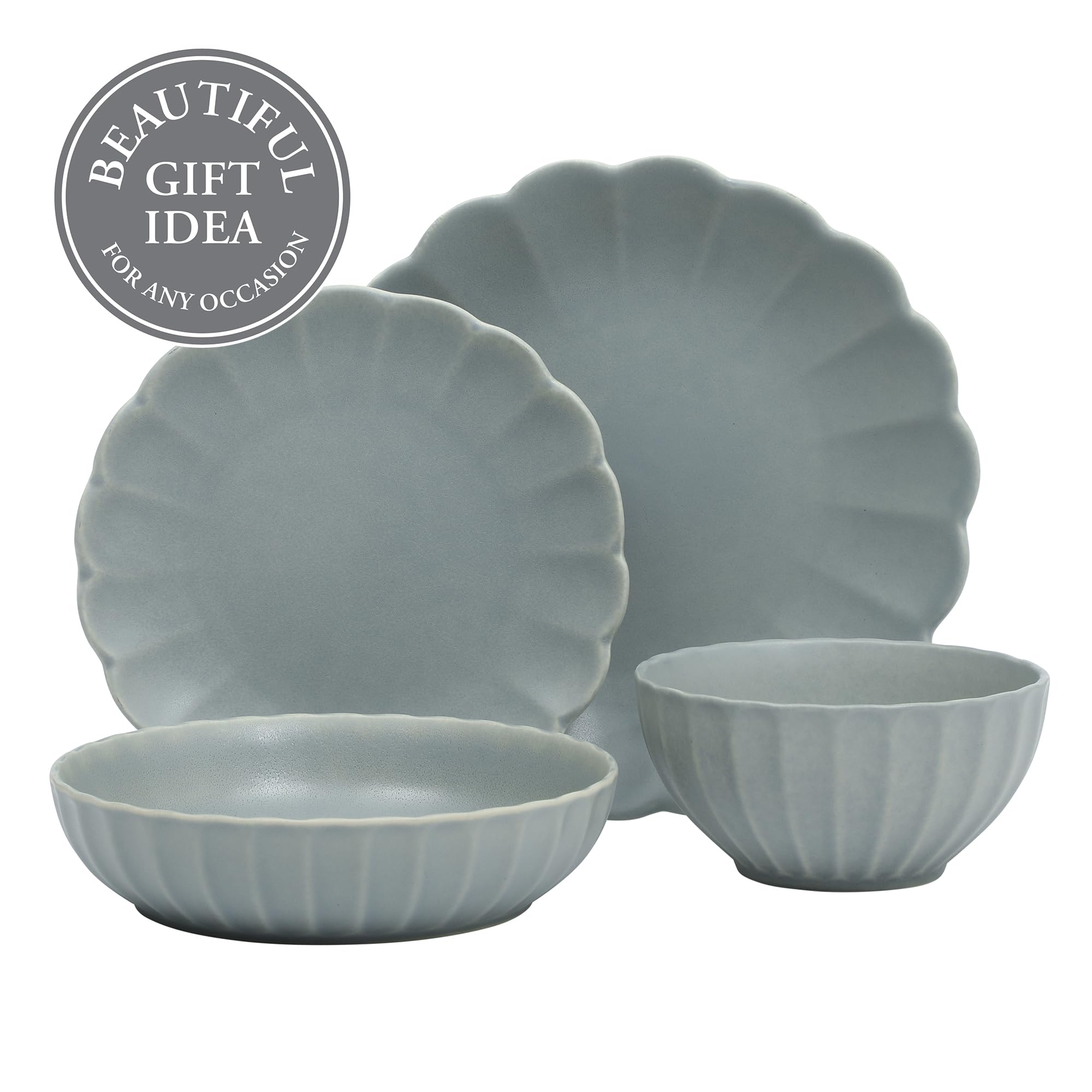 Gibson Elite Malibu Shore 16 Piece Scallop Stoneware Reactive Glaze (Service for 4) Ceramic Plates and Bowls Dinnerware Set - Blue