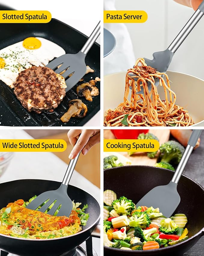 Silicone Cooking Utensils Set, 8 Pcs Kitchen Utensils with Holder, Gray