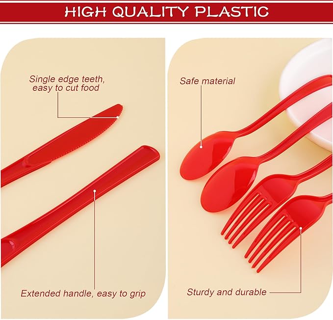 Kochorie 300 Pieces Red Plastic Silverware, Heavy Duty Plastic Cutlery Set