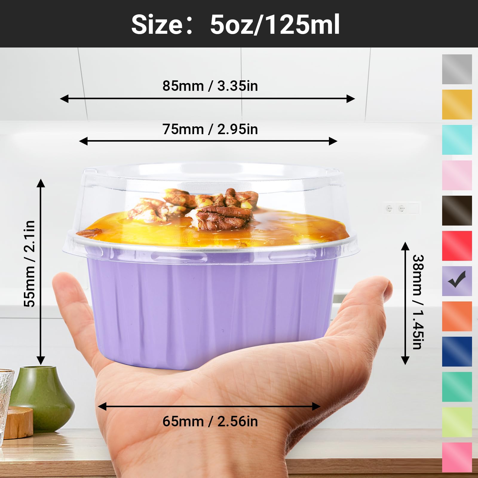EUSOAR Disposable Ramekins with Lids, 5oz 100pcs Muffin Liners Cups with Lids, Creme Brulee Foil Ramekins, Aluminum Foil Cupcake Baking Cups, for Party Favor Birthday -Light Purple