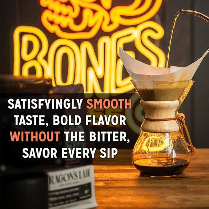 Bones Coffee Company Dragon's Lair - Dark Roast Coffee - Whole Bean - Low-Acid Arabica Coffee Beans - South/Central America and Indonesia Grown - Unflavored - 12 Oz