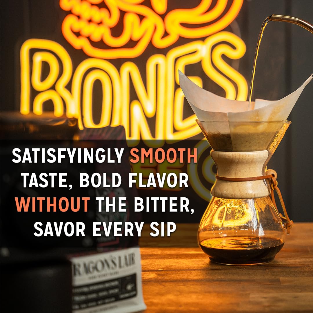 Bones Coffee Company Macamaniac, Macadamia and Coconut Flavored Coffee, Medium Roast Low Acid Arabica Beans Compatible with Auto drip and French Press Coffee Maker, 12 Oz Ground