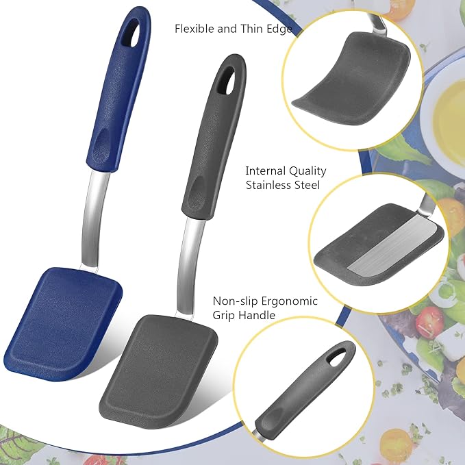 Yetene Silicone Cookie Spatula Turner 2 Pack Mini Brownie Spatula Flexible Kitchen Small Silicone Turner for Nonstick Cookware Heat Resistant No Scratch Flipper for Egg(Solid Flat,Gray, Blue)
