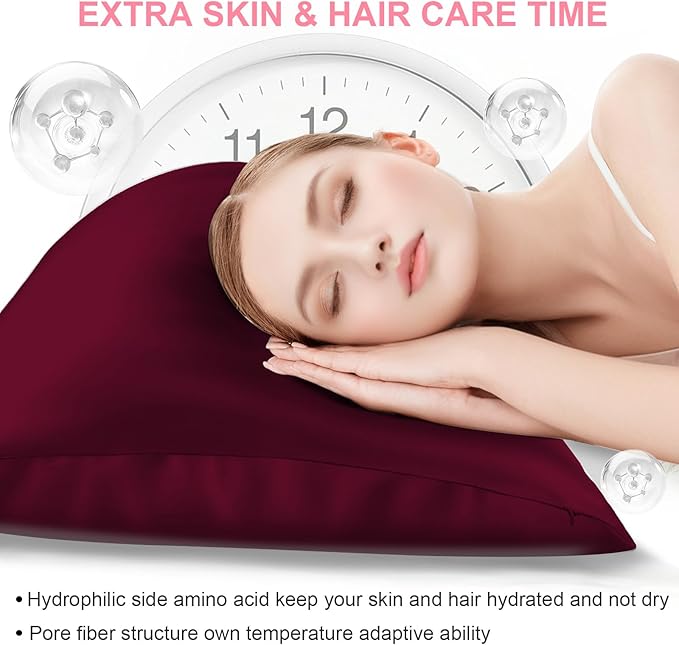 Silk Pillow Cases Standard Size with Hidden Zipper, Mulberry Silk Pillowcase for Hair and Skin, Smooth and Soft Breathable Cooling Silk Satin Pillow Covers for Sleeping, Gifts for Women, Burgundy Red