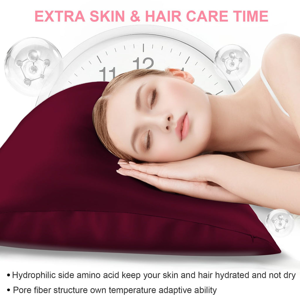 Silk Pillow Cases 2 Pack King Size with Hidden Zipper, Mulberry Silk Pillowcase for Hair and Skin, Smooth and Soft Breathable Cooling Silk Satin Pillowcase Set of 2, Gifts for Women，Burgundy Red
