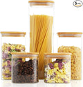 Glass Spaghetti Pasta Storage Container - 5 Pack Airtight Food Storage Jar Set with Bamboo Lid Labels - Square Kitchen Pantry Canister Organizers for Cookies Candy Coffee Bean Sugar Tea Spice Flour