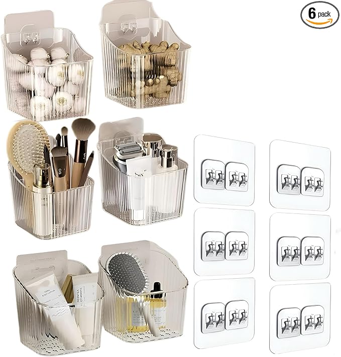 6Pack small Wall Mount Organizer, Adhesive Cabinet Door Storage Bins, Clear Makeup Container, Stackable Organizer Basket for Kitchen, Bathroom, rv, Pantry, Office，Refrigerator Small Items storage