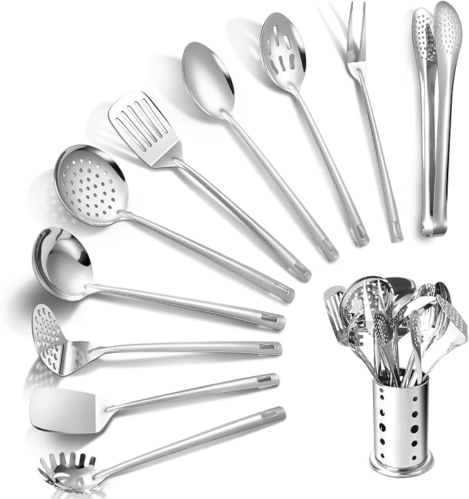 Lazycorner Kitchen Utensils Set, 11pcs Stainless Steel Cooking Utensils Set with Holder – Includes Turners, Potato Masher, Spatula, Spoons, Pasta Server, Tongs, Soup Ladle, Serving Spoon