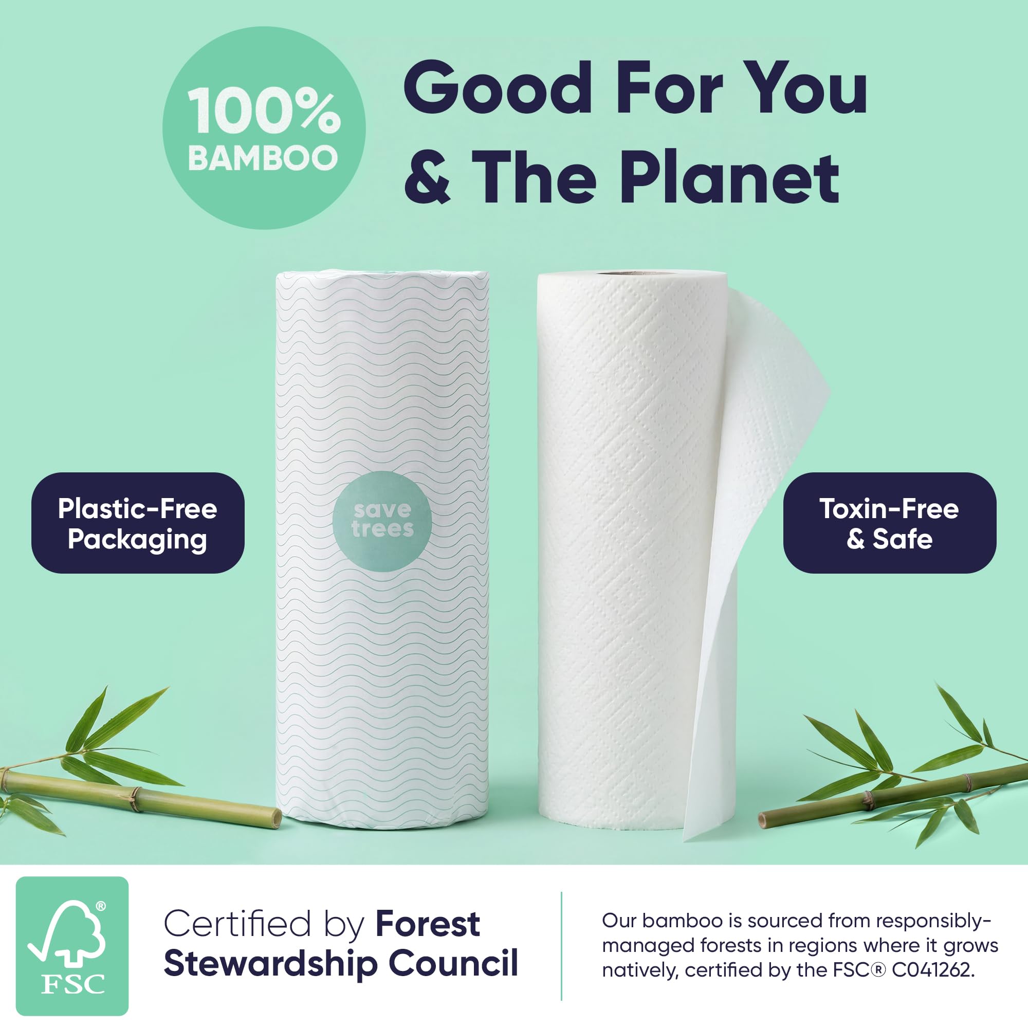 Save Trees Bamboo Paper Towels 12pk - 1800 Sheets Paper Towel Rolls Ultra Absorbent & Durable EcoTowels - FSC-Certified, Vegan Bamboo Kitchen Rolls