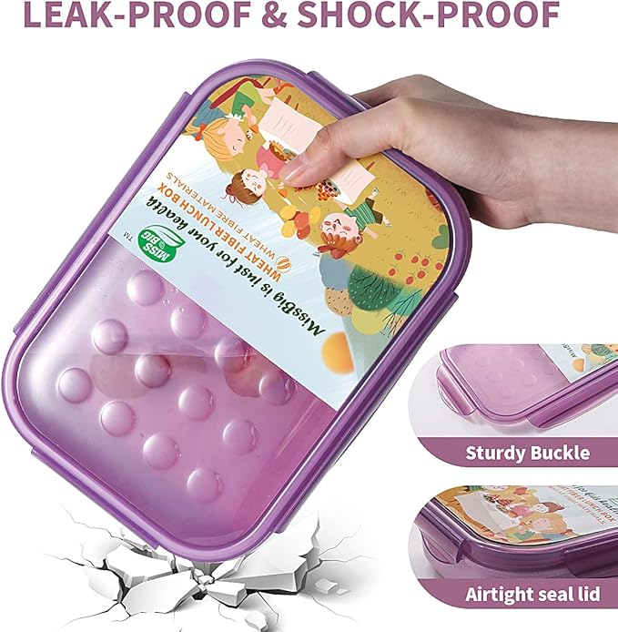 MISS BIG® Large Bento Lunch Box for Adults, 1900ml, 3 Compartments, Purple