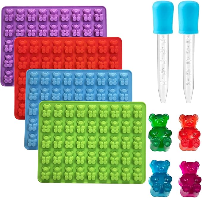 Gummy Candy Molds - 4Pcs Silicone Gummy Bear Molds With 2pcs Dropper,Non-stick and Bpa Free for Mini Candy Chocolate Gummies Baking