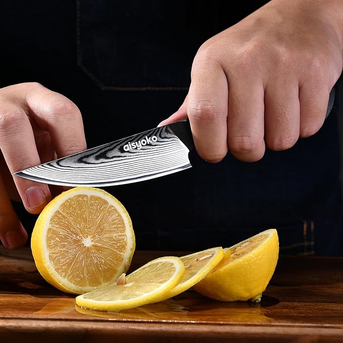aisyoko 4.5 Inch Paring Knife, Damascus Steel Chef Knife with Ergonomic G10 Handle, VG10 High Carbon Steel, Professional Kitchen Knife for Fruit Vegetable Carving, Ultra Sharp Blades