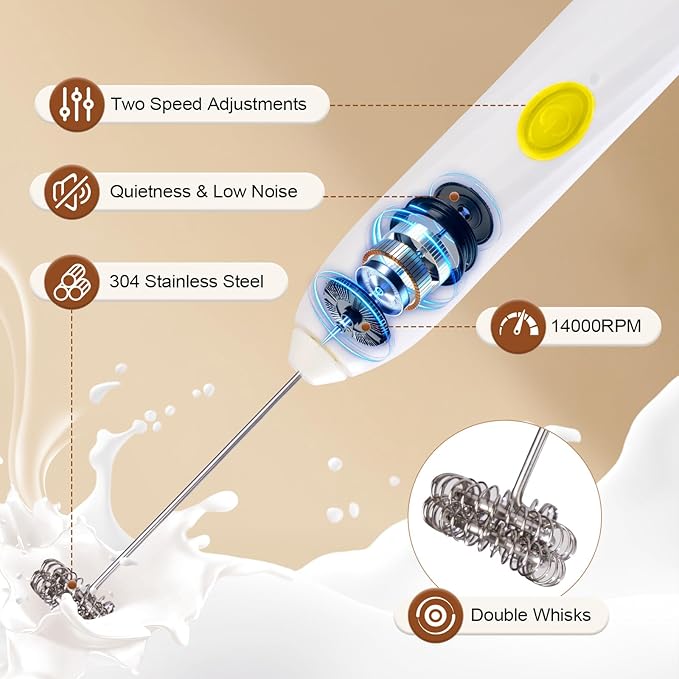 Milk Frother Handheld Rechargeable,Hand Mixer Electric Whisk with 2 Speeds,Drink Mixer Coffee Frother With 2 Stainless Steel Whisks for Coffee, Matcha, Lattes, Cappuccino,Egg,No Stand,Yellow