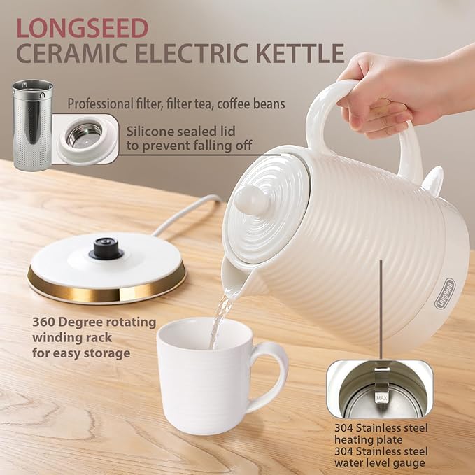LONGSEED 1.26 Quarts Ceramic Electric Kettle with Infuser & Cups Kit, Boil Water Teapot, Boil-Dry Protection Auto Shut-off, Detachable Swivel Base, 1000W Fast Boiling for Tea and Coffee