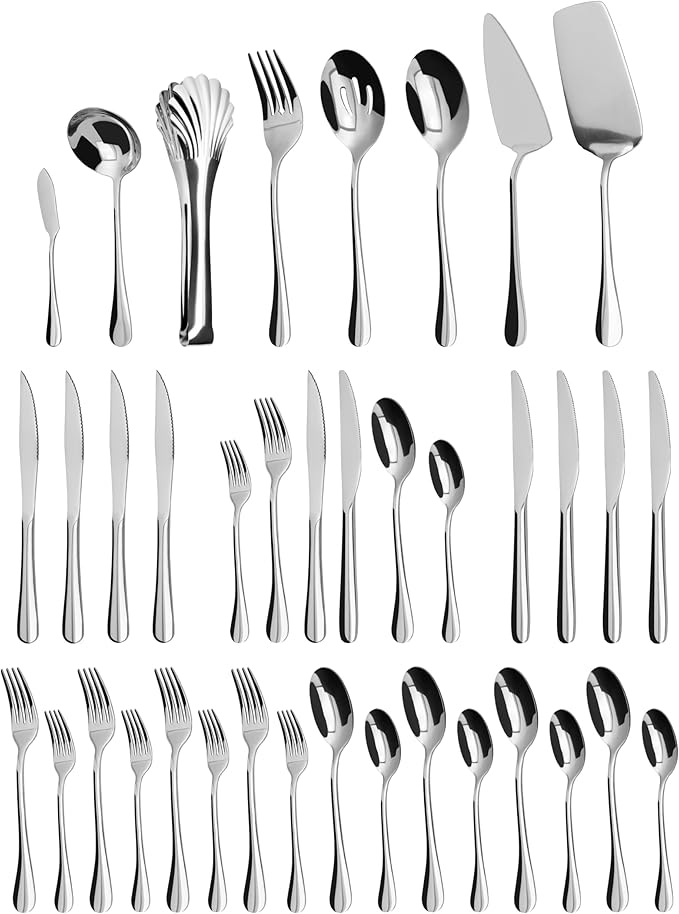 Silverware Set,32 piece Siverware Set with Serving Utensil Set,Stainless Steel Knives Spoon Forks Set for Home, Kitchen, Restaurant,Dinner,Mirror Polished& Dishwasher Safe