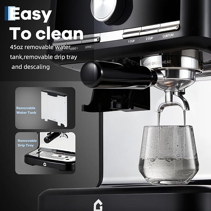 Garvee 20 Bar Pressure Stainless Steel Espresso Machine with Grinder, 1.5L Removable Water Tank, Milk Frother Steam Wand for Latte/Cappuccino - Adjustable Shot Volume, Professional Home/Office Use