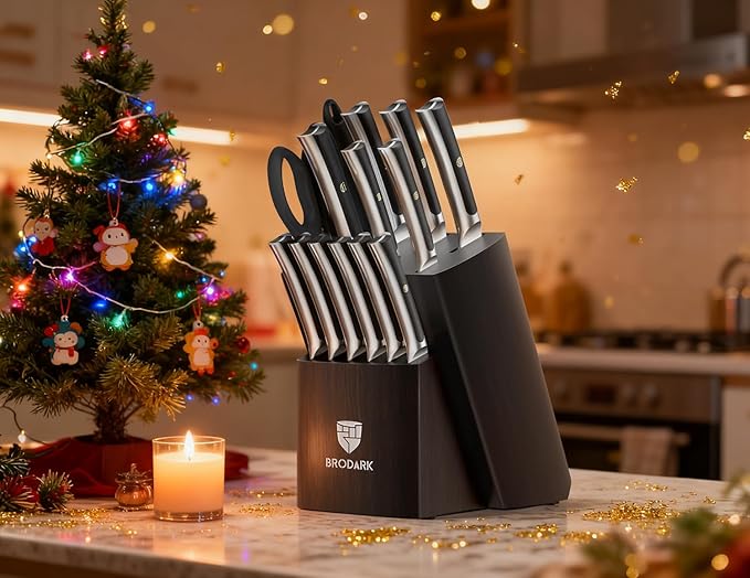 BRODARK 15 PCS Knife Set with Block,Pakkawood Handle Kitchen Knife Set