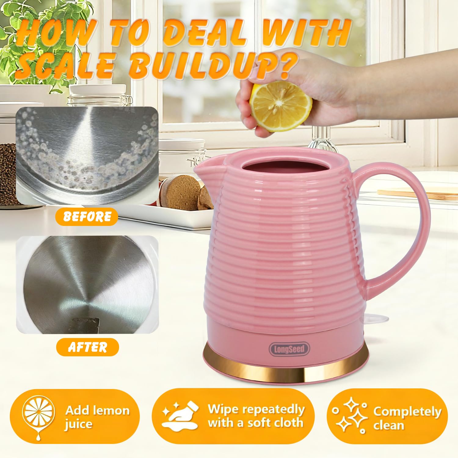 LONGSEED 1.2 Liters Ceramic Electric Kettle with Infuser & Mug Set,1000W Fast Boil Water for Tea Coffee, Teapot with Boil-Dry Protection Auto Shut Off, Detachable Swivel Base