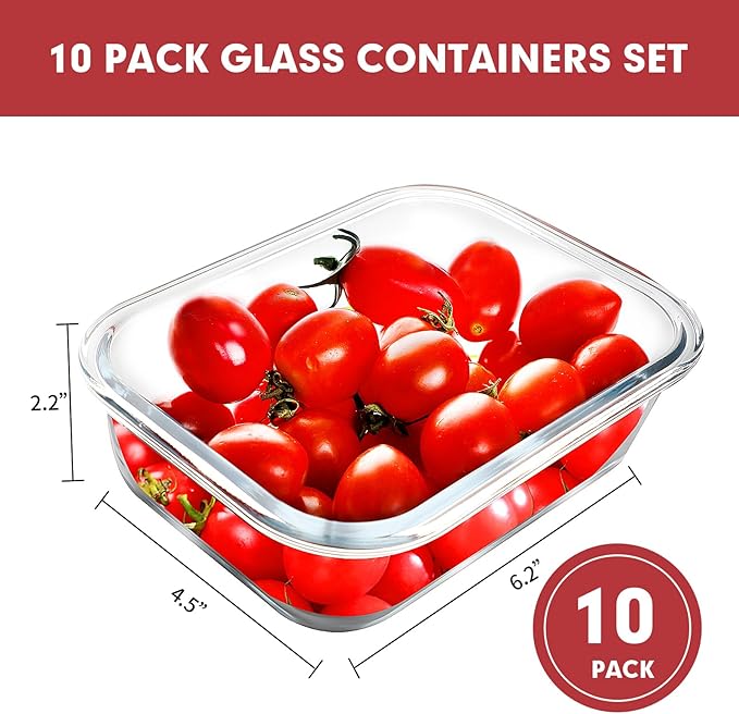 VERONES 10 PACK 22 OZ Glass Meal Prep Containers Set with Lids, Red