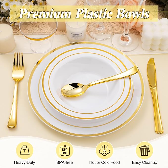 BESTSTAR 200 Pack Disposable Soup Bowls with Gold Rim