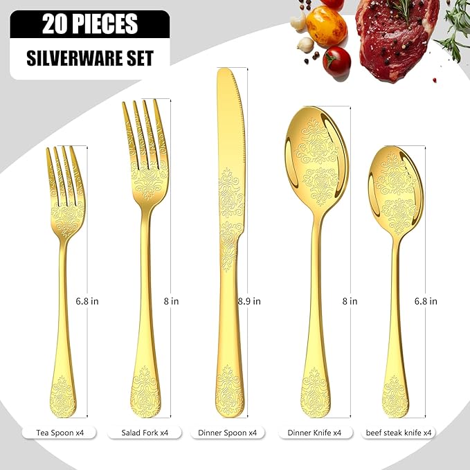 20 Pcs Gold Silverware Set for 4, Food Grade Stainless Steel Flatware Set, Eating Utensils Sets Include Fork/Knife/Spoon, Reusable Cutlery Set for Home Kitchen, Dishwasher Safe, Embossed pattern-2