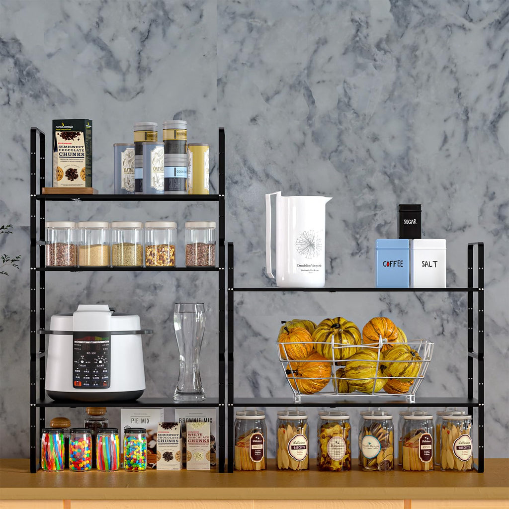 GEDLIRE Expandable Kitchen Cabinet Shelf Organizers 2 Pack, Stackable Metal Pantry Storage Shelves Rack, Adjustable Counter Shelf for Cabinets, Countertop, Cupboard Organizers and Storage, Black