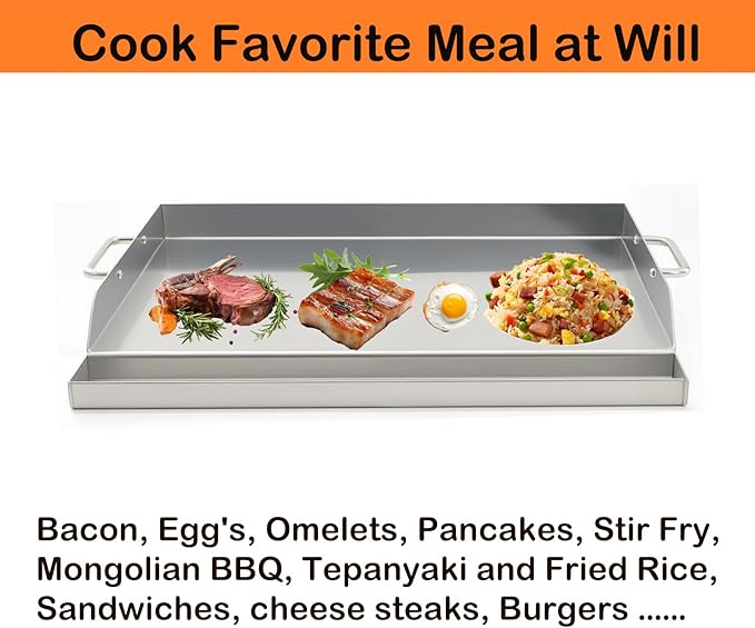 DEWOSEN Universal Stainless Steel Griddle Flat Top Plate Grill-Top Griddle Pan with Even Heating Cross Bracing for BBQ Charcoal/Gas Grills, Camping, Tailgating, and Parties (17"*13")