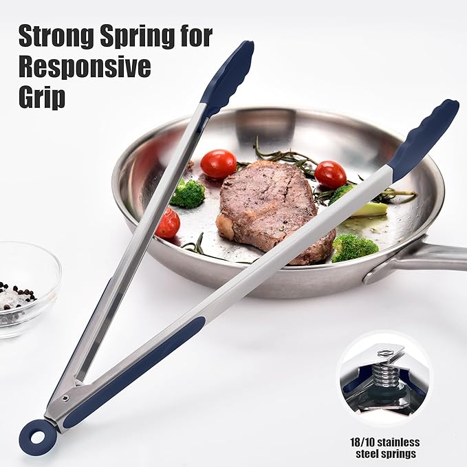 Doosu Kitchen Tongs with Silicone Tips for Cooking Serving (16in, Navy)