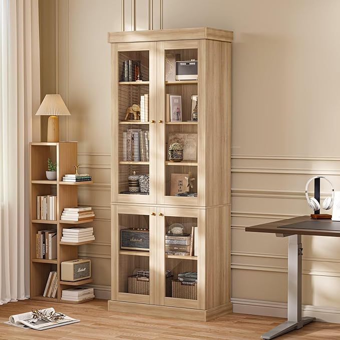 ivaniti 70.8" Tall Brown Bookshelf with Glass Doors, Farmhouse Modular Bookcase with 6-Tier Adjustable Shelves, Large Storage Cabinet for Home Office, Living Room, Set of 2