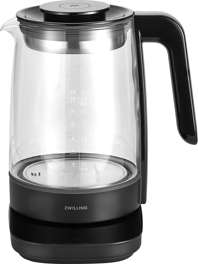 ZWILLING Enfinigy Glass Kettle 1.7L, Tea Kettle, 6 Preset Temps for the Perfect Cup, Tea Timer, Black
