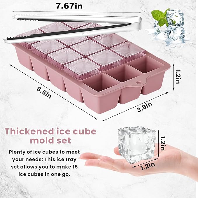 Large Silicone Ice Cube Trays with Lid, Make 15 Ice Cubes per Tray, Include 7.7in Ice Tongs - Ideal for Freezer, Drinks