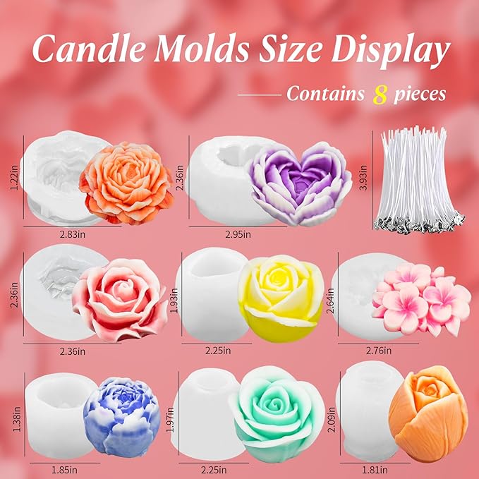 MGLIFEUL 9PCS 3D Flower Candle Making Molds Moldes de Silicona para Velas