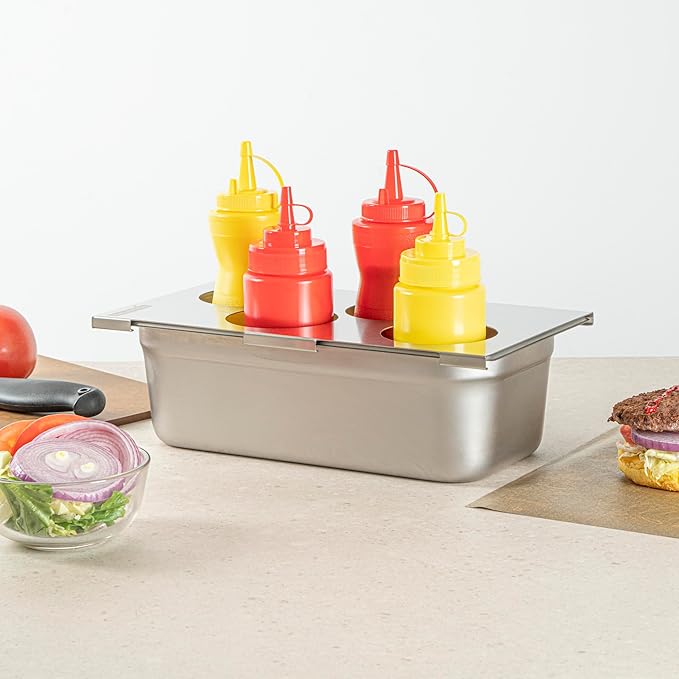 Restaurantware Squeeze Bottle Organizer Top 1 Count 12.79 x 7.09 x 0.39 Inches Stainless Steel Bottle Holder - Four Hole Condiment Rack - Silver Kitchen Organizer for Food Prep