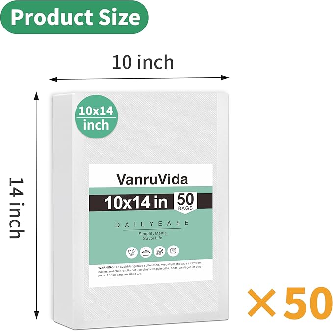 VanruVida Vacuum Sealer Bags,10” x 14” 50 Count for Food Saver,Commercial Grade Textured,BPA Free,Heavy Duty,Great for Vac Storage,Freezer, Meal Prep or Sous Vide