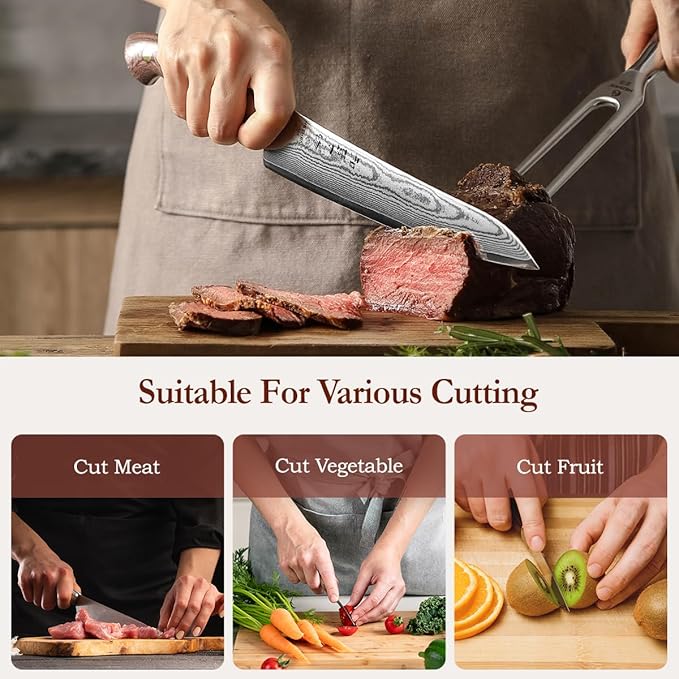 HEZHEN 8.3'' Damascus Carving Knife – 67 Layers Damascus Steel, Professional Brisket Slicing for BBQ, Smoked Meat & Roast, Full Tang Micarta Handle, Gift Packing
