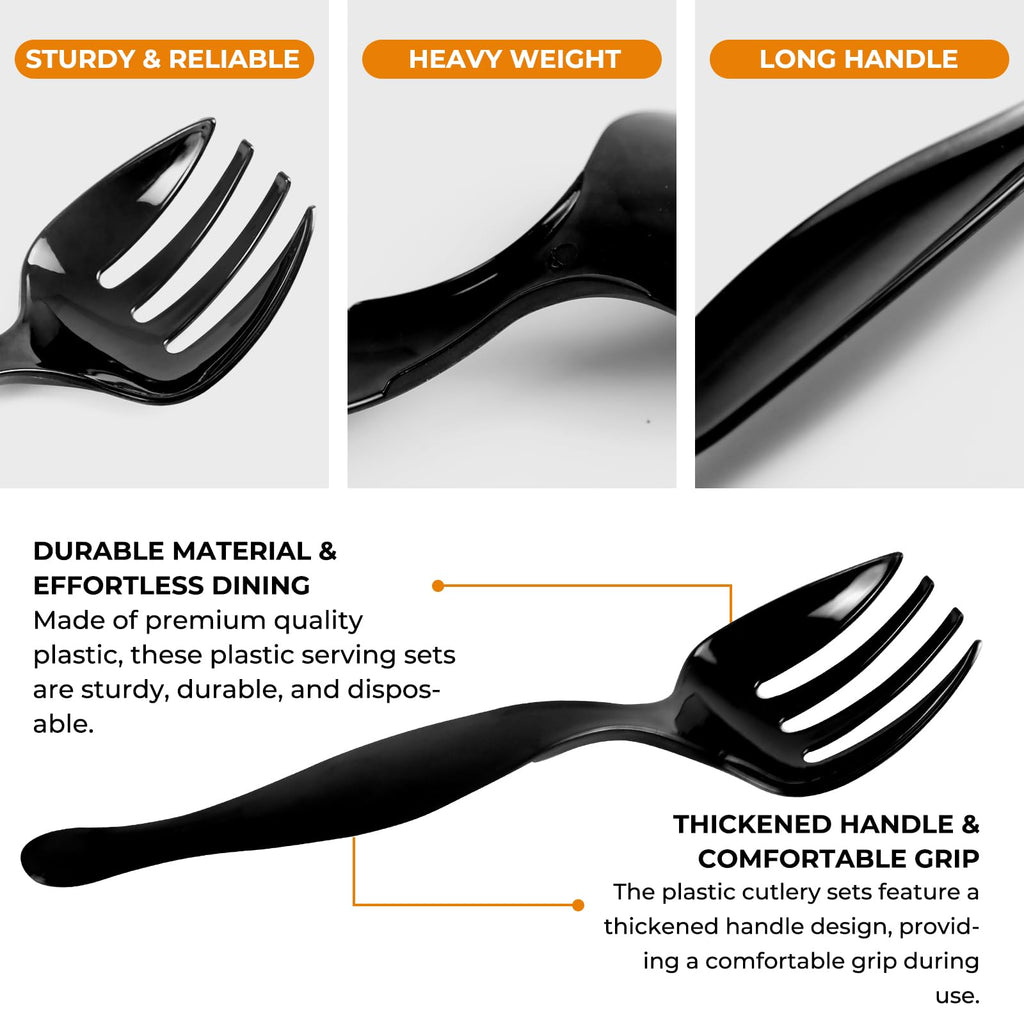 18 Count Plastic Serving Utensils Set, Disposable Serving Utensils for Catering Party Events, Including Black Plastic Spoons, Tongs and Forks (Black, 18pcs utensils)