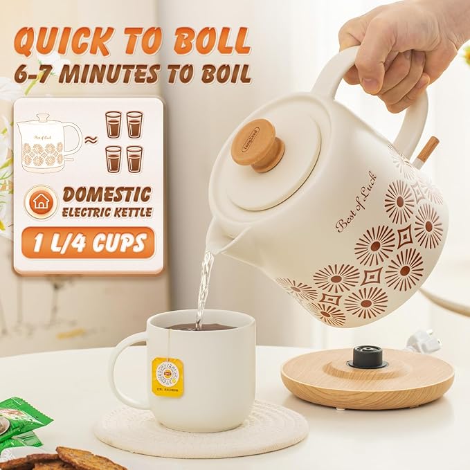 LONGSEED 1 Quart Ceramic Electric Kettle, 1000W Fast Boil Retro Tea Pot with Auto Shut-Off & Boil-Dry Protection, Floral Porcelain Hot Water Boiler with LED Light for Home & Kitchen