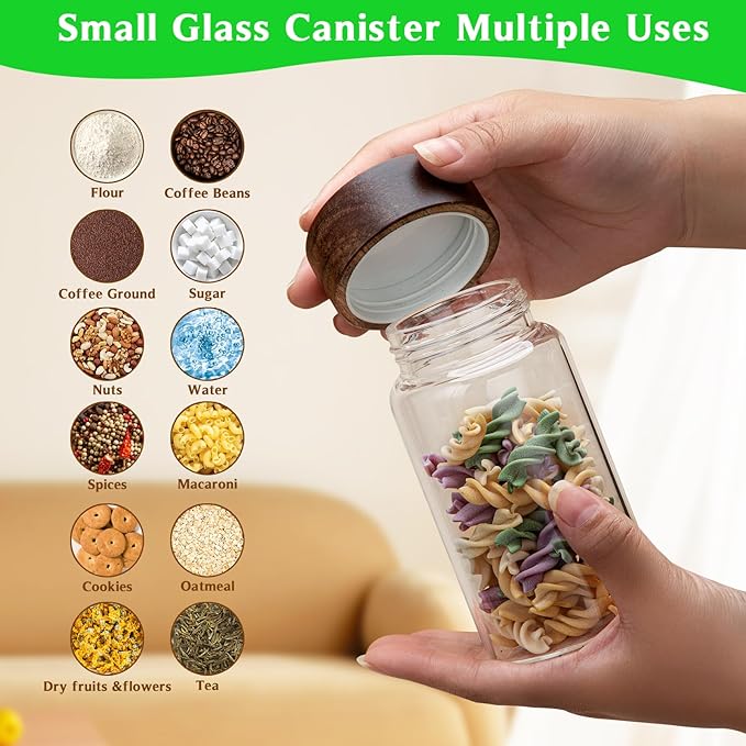 Patoper 8 oz Small Glass Spice Jars with Airtight Wood Acacia Lid 4 PCS,Clear Coffee Ground Storage Canister Round Glass Spice Jar for Pantry Sugar Tea Bean Nuts Cookies Salts Seasoning