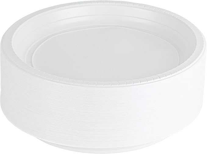 PLASTICPRO Round Plastic Plates Microwaveable, Disposable, White