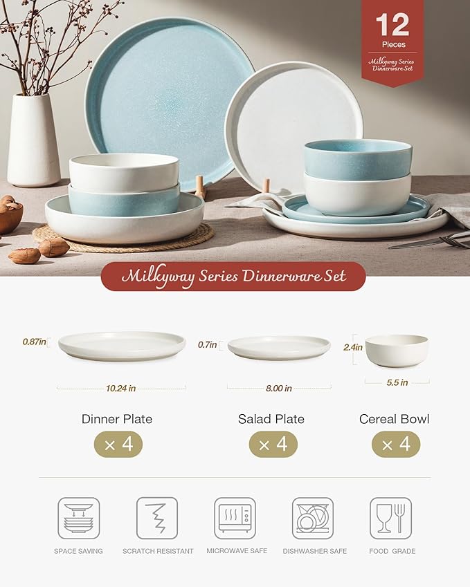 Famiware Milkyway 12-Piece Dinnerware Set, Matte Beige White & Light Blue