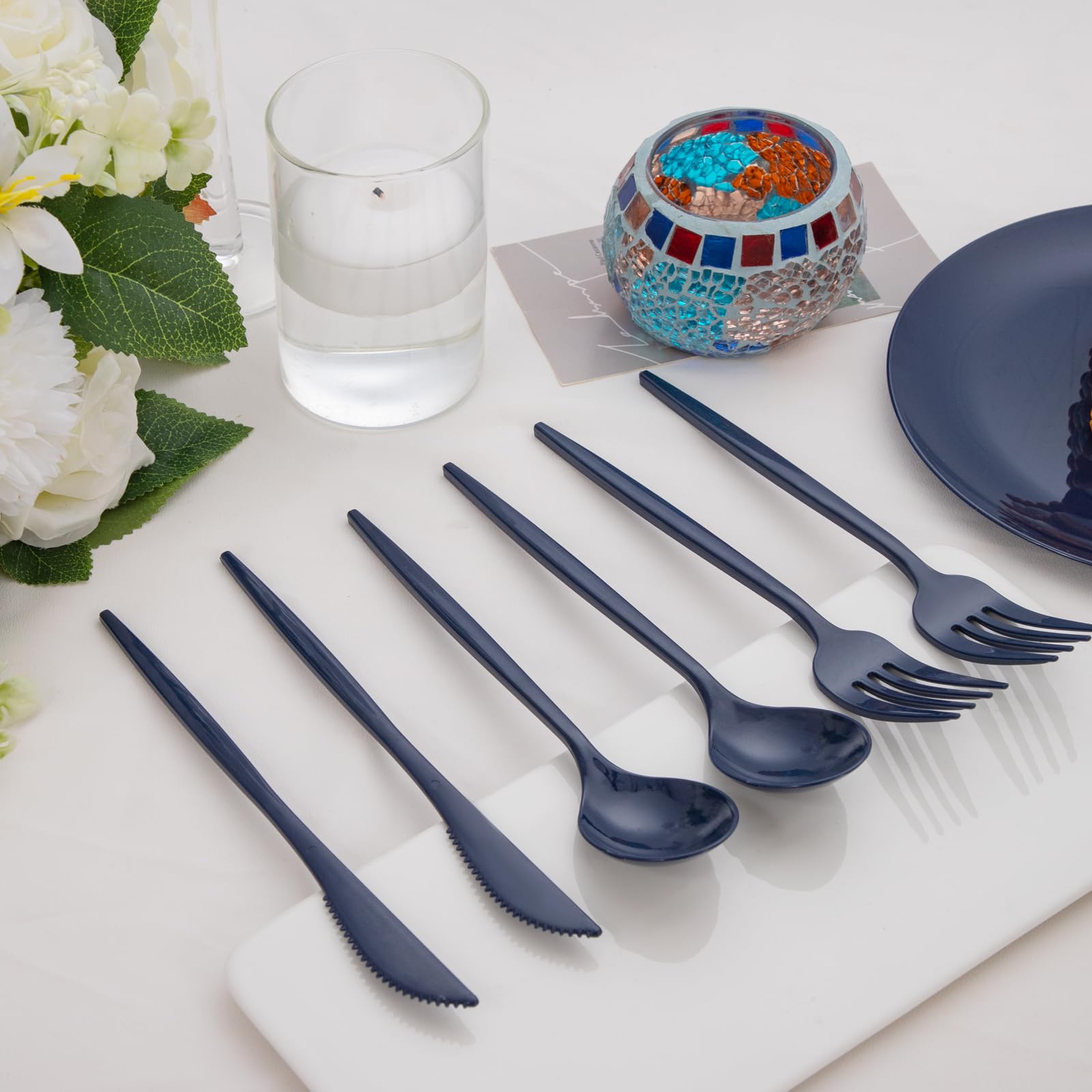 PULOTE 150PCS Blue Plastic Silverware Set - Plastic Cutlery Disposable - Heavy Duty Blue Plastic Utensils Include 50 Forks, 50 Knives,50 Spoons for Party&Graduation