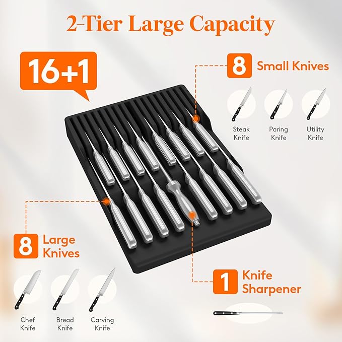 Lifewit Magnetic Drawer Knife Organizers Insert Pastic for 16 Knives, Black