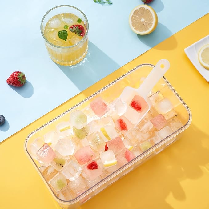 PHINOX Ice Cube Tray with Lid and Bin, Easy Release 56 Cubes for Freezer