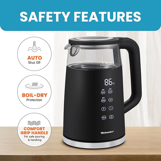 Elite Gourmet 1.7L Dual-Wall Cool-Touch Tea Kettle, Touchscreen, Black
