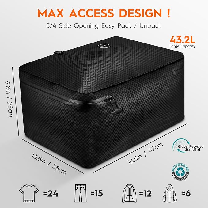 YOYOVAC 43L Max Capacity Vacuum Bags with Wireless Pump - Space Saver Compression Bags for Travel Luggage, No Checked Baggage, IP68, Reusable, Fits 20/24/28 Inch Suitcases (2PC No Tracker)