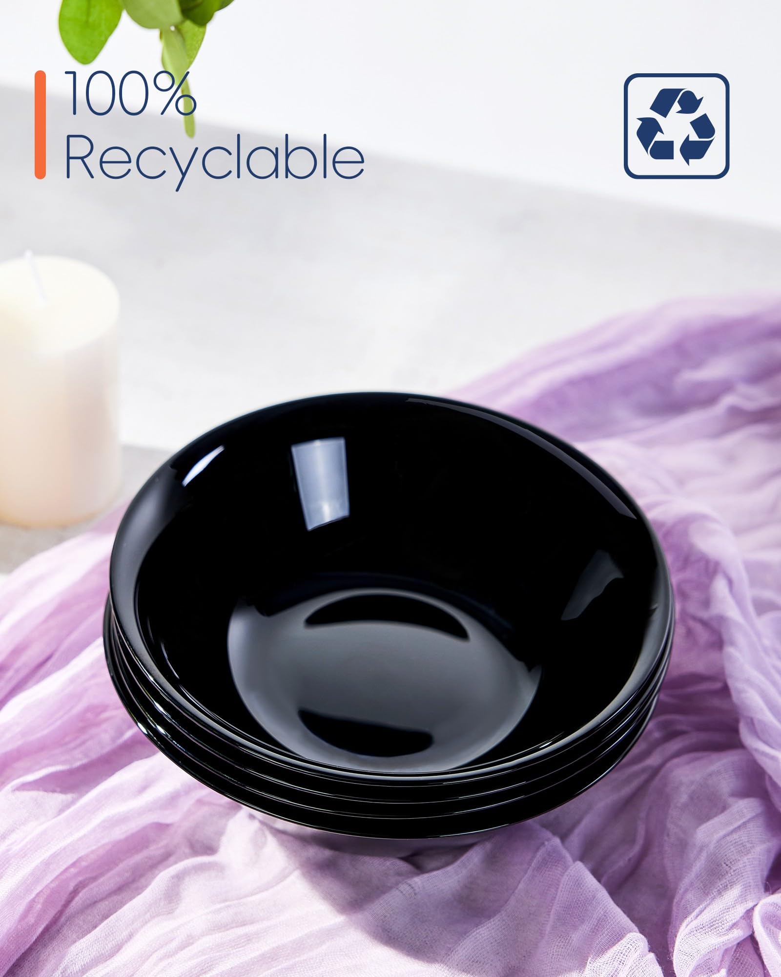 LaGlint 16 OZ Max Black Opal Glass Cereal Bowl Set of 6, 6.5 Inch