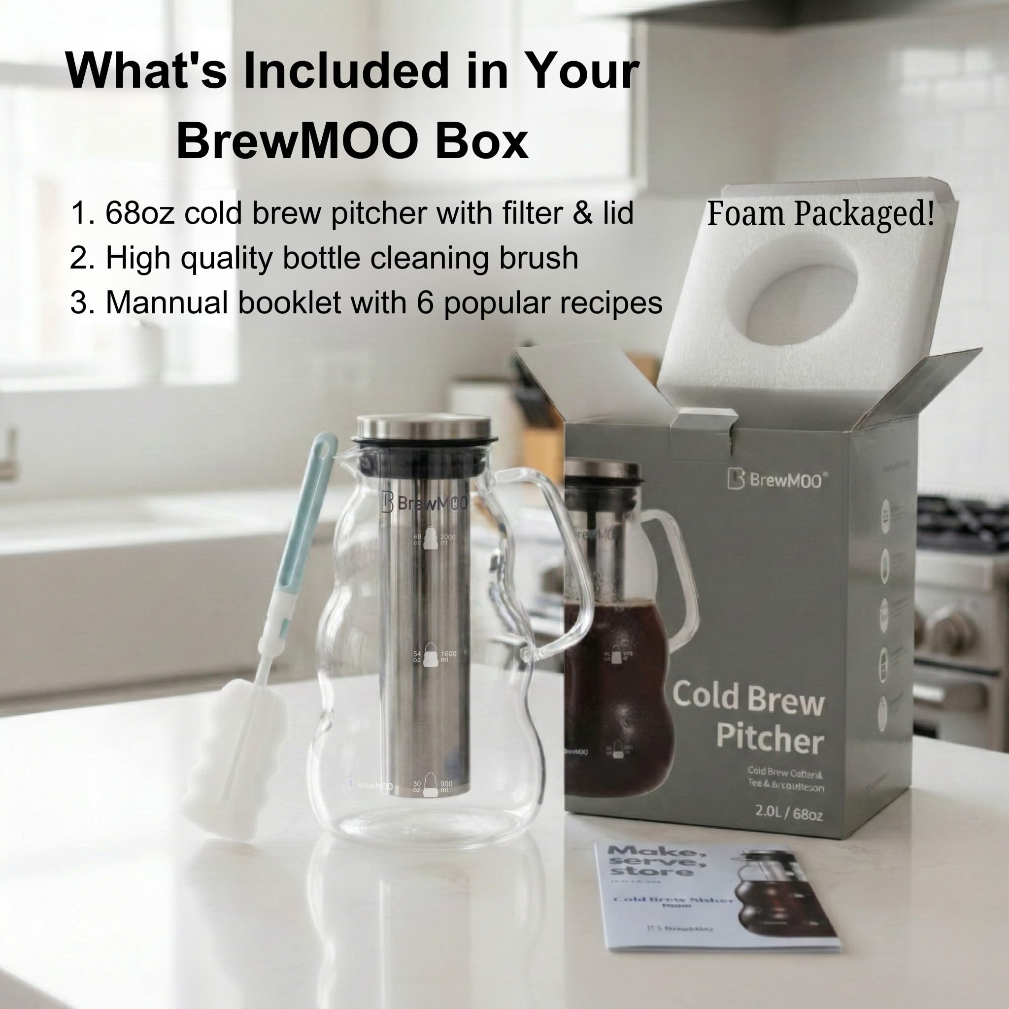 BrewMOO Sleek Wave 2.0 L/68 oz Cold Brew Coffee Maker Pitcher