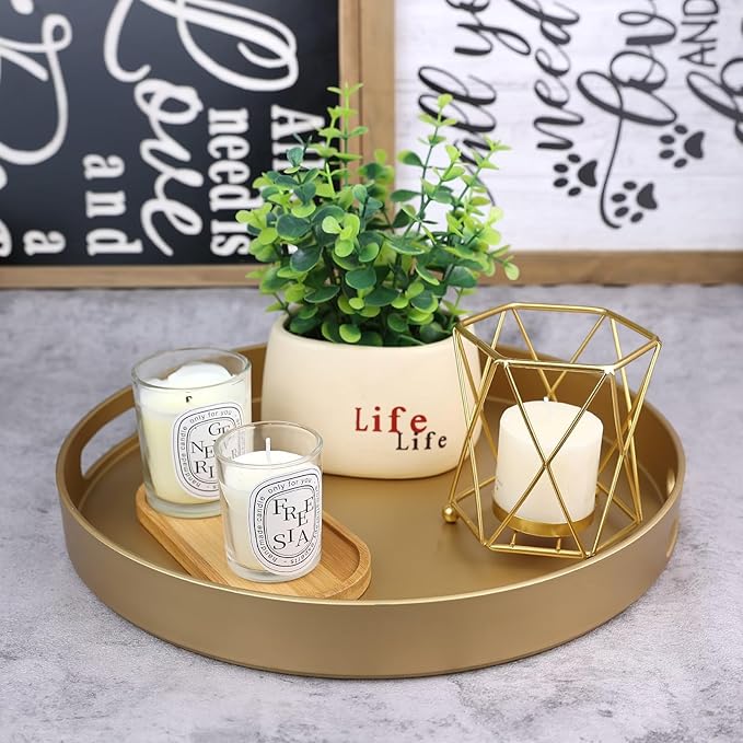 SforGUVA Round Gold Decorative Serving Tray with Handles, 13” Versatile Ottoman Tray for Coffee Table, Entertaining, Outdoor Patio, Living Room
